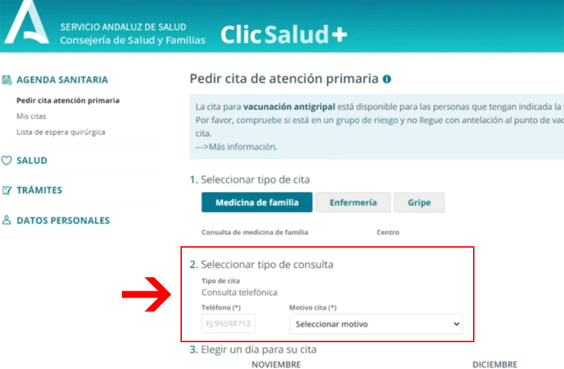 Seleccionar tipo de consulta ClicSalud+