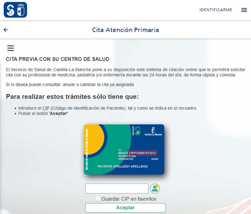 Identificarse con el CIP en la página web del Servicio de Salud de Castilla La Mancha